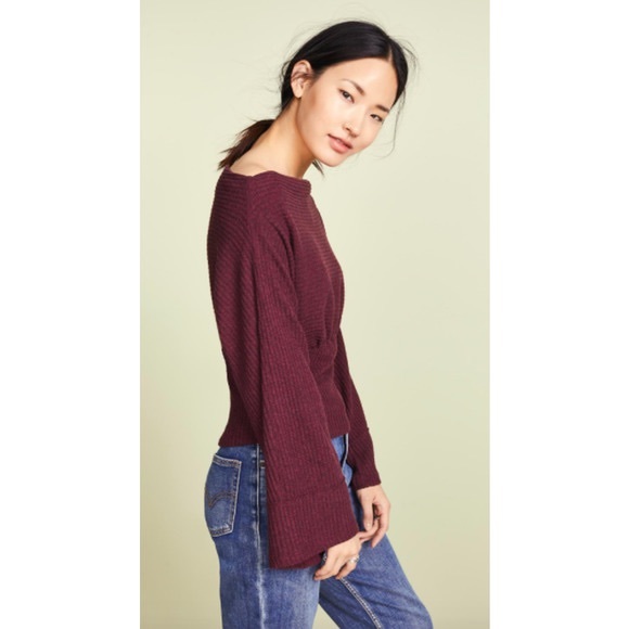 We The Free / Free People Crazy On You Thermal Knit Off Shoulder Sweater in Wine - Picture 8 of 12